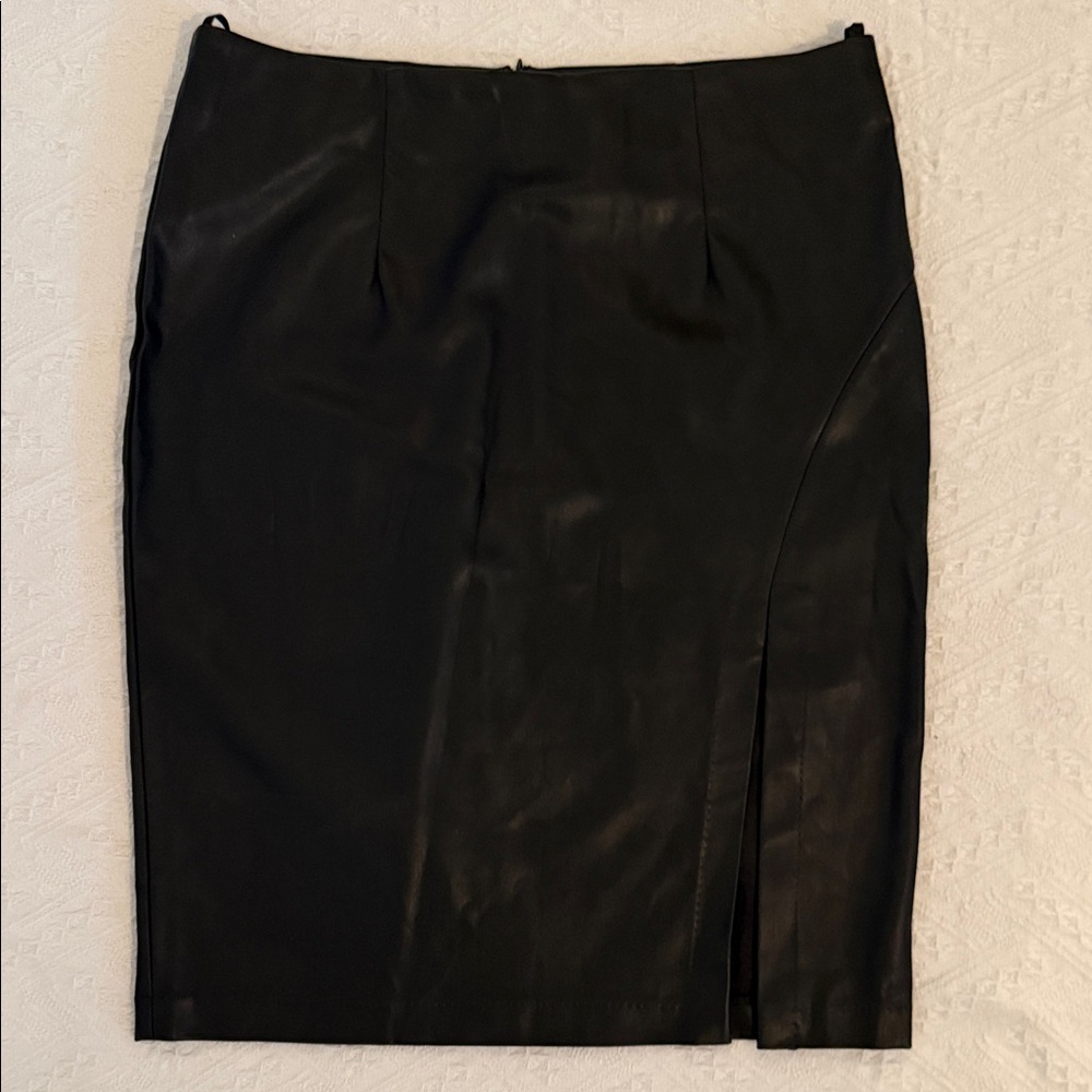 Elegant Faux Leather Black Women's Skirt with Side Slit